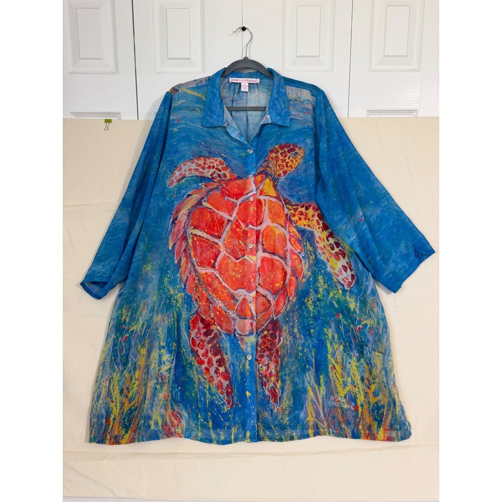 Leoma Lovegrove Sea Turtle Art Tunic Shirt Womens XL Blue Orange Button Up Long - Picture 11 of 12